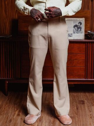 100% Wool Belted Flare Pants - Beige
